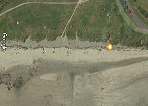 Satellite View before restoration showing no dunes left and lots of unofficial routes onto the beach